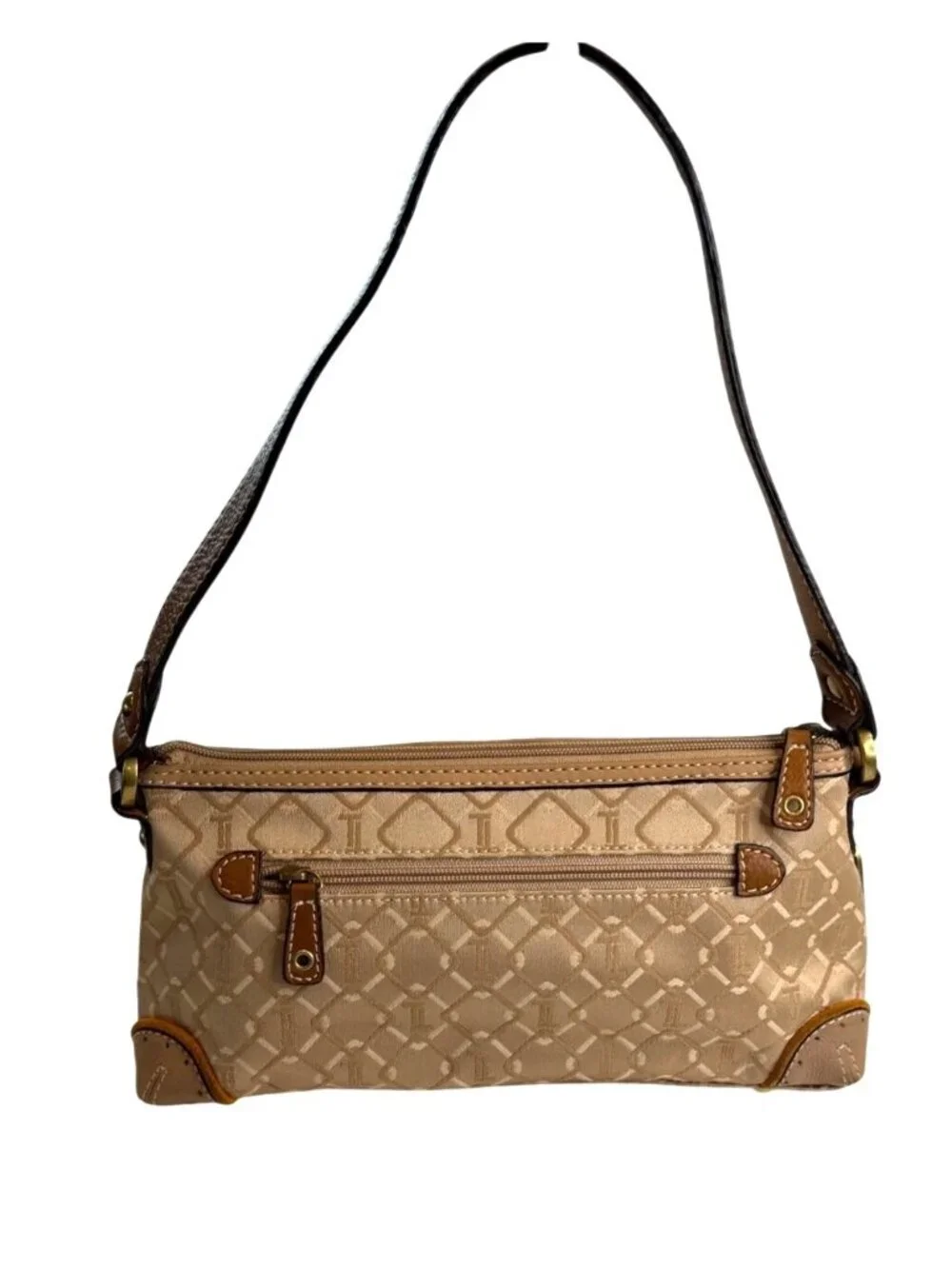 Tignanello Jacquard Logo Fabric Shoulder Handbag Baguette Style Y2K Buckle